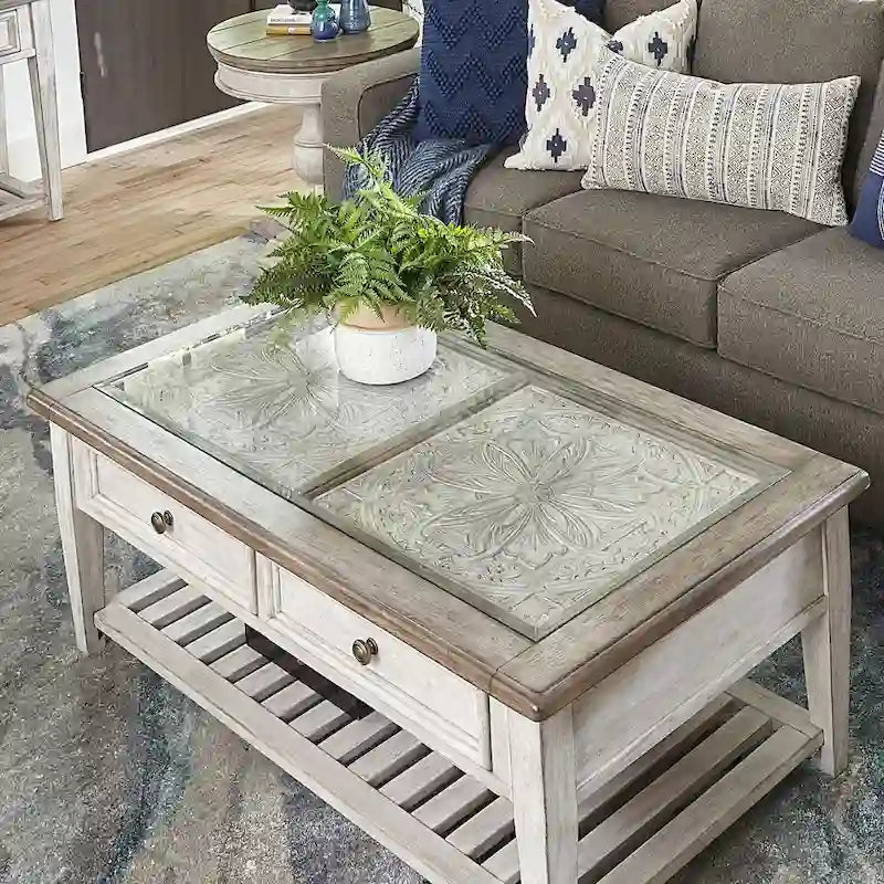 Ensemble de table de salon Heartland Antique White 3 pièces avec table basse et tables d'appoint