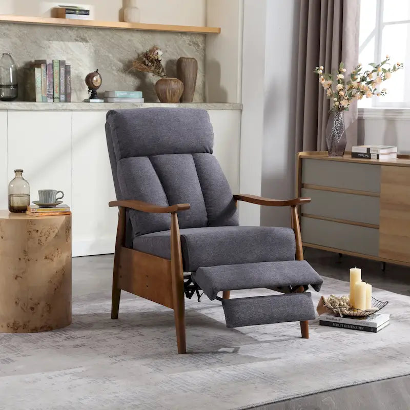 Fauteuil inclinable réglable avec cadre en bois, rembourré en lin/cuir/micro-suède