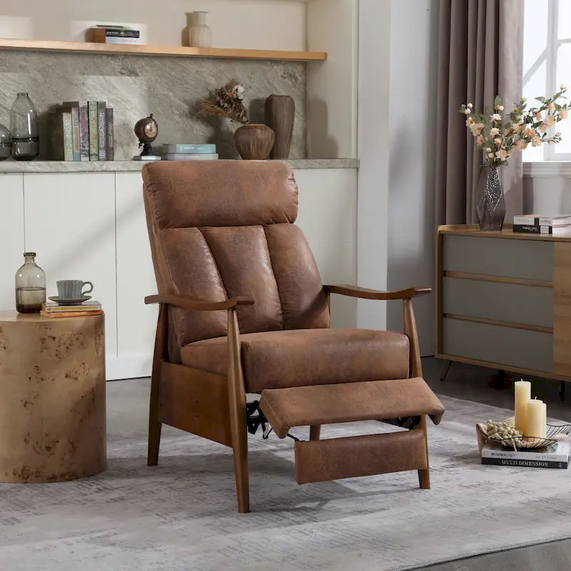 Fauteuil inclinable réglable avec cadre en bois, rembourré en lin/cuir/micro-suède