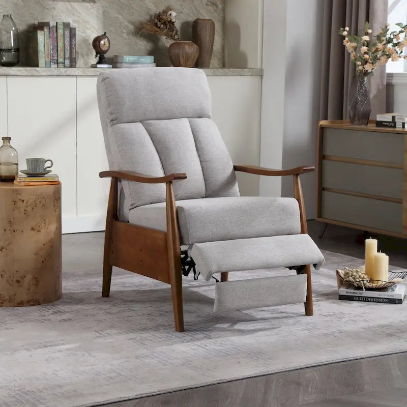 Fauteuil inclinable réglable avec cadre en bois, rembourré en lin/cuir/micro-suède
