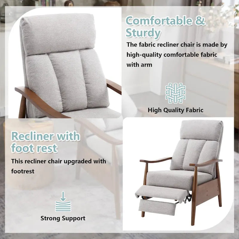 Fauteuil inclinable réglable avec cadre en bois, rembourré en lin/cuir/micro-suède