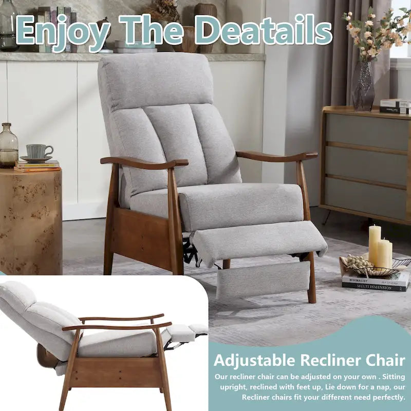 Fauteuil inclinable réglable avec cadre en bois, rembourré en lin/cuir/micro-suède