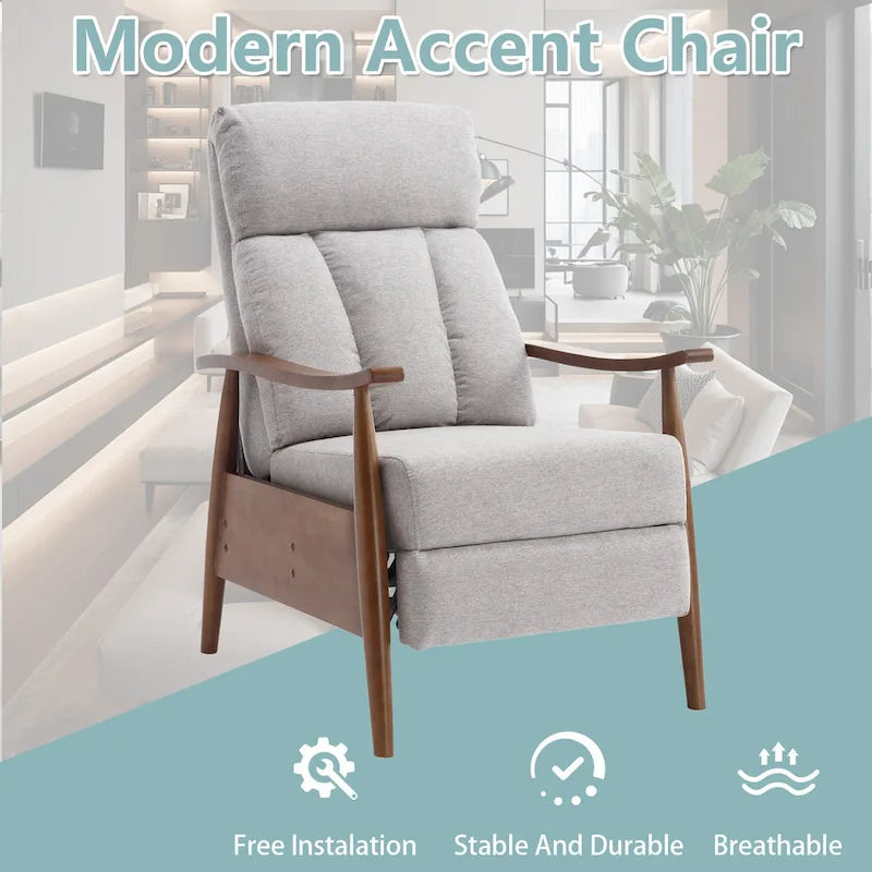 Fauteuil inclinable réglable avec cadre en bois, rembourré en lin/cuir/micro-suède
