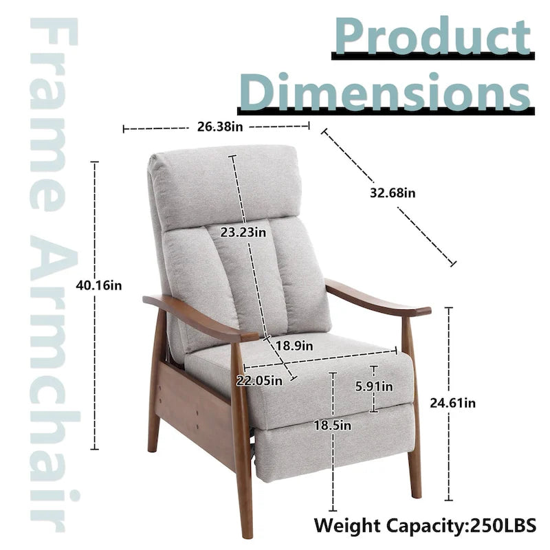 Fauteuil inclinable réglable avec cadre en bois, rembourré en lin/cuir/micro-suède