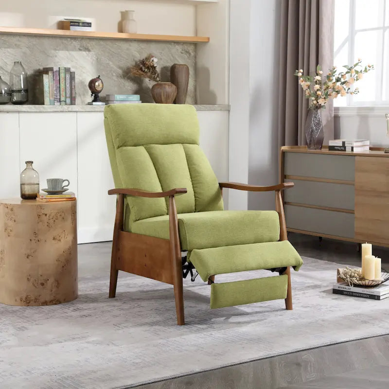 Fauteuil inclinable réglable avec cadre en bois, rembourré en lin/cuir/micro-suède