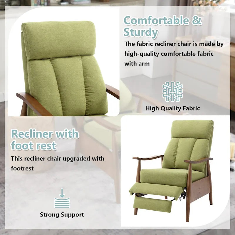 Fauteuil inclinable réglable avec cadre en bois, rembourré en lin/cuir/micro-suède