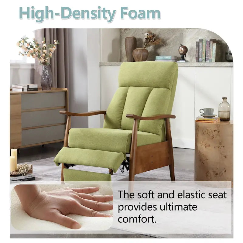 Fauteuil inclinable réglable avec cadre en bois, rembourré en lin/cuir/micro-suède