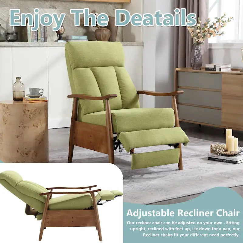 Fauteuil inclinable réglable avec cadre en bois, rembourré en lin/cuir/micro-suède