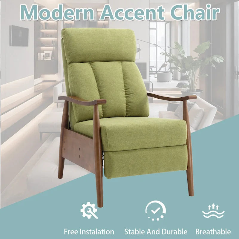Fauteuil inclinable réglable avec cadre en bois, rembourré en lin/cuir/micro-suède