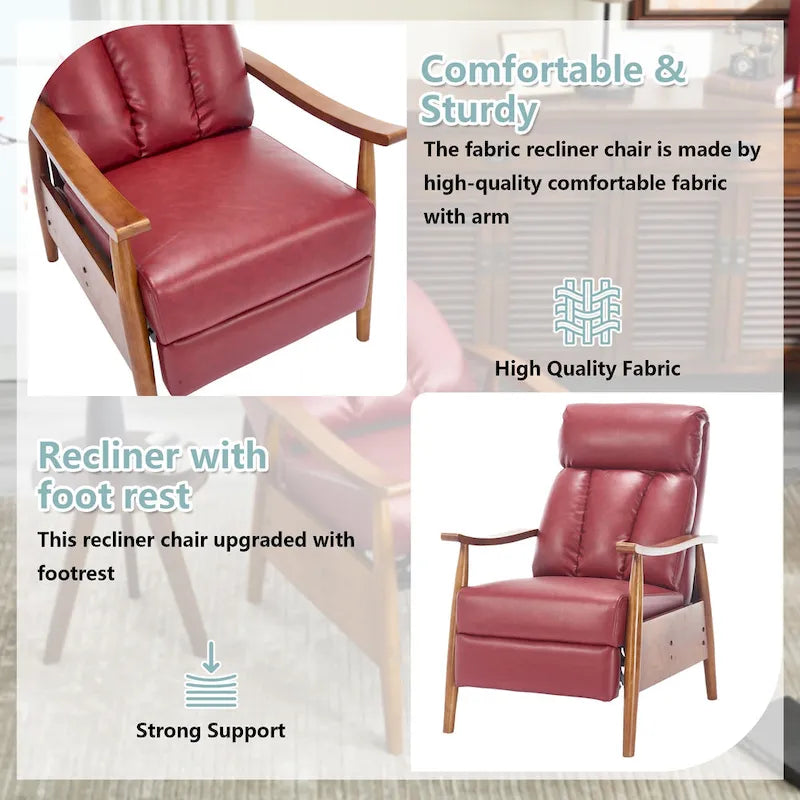 Fauteuil inclinable réglable avec cadre en bois, rembourré en lin/cuir/micro-suède