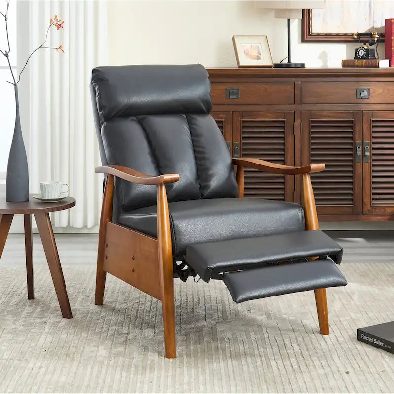 Fauteuil inclinable réglable avec cadre en bois, rembourré en lin/cuir/micro-suède