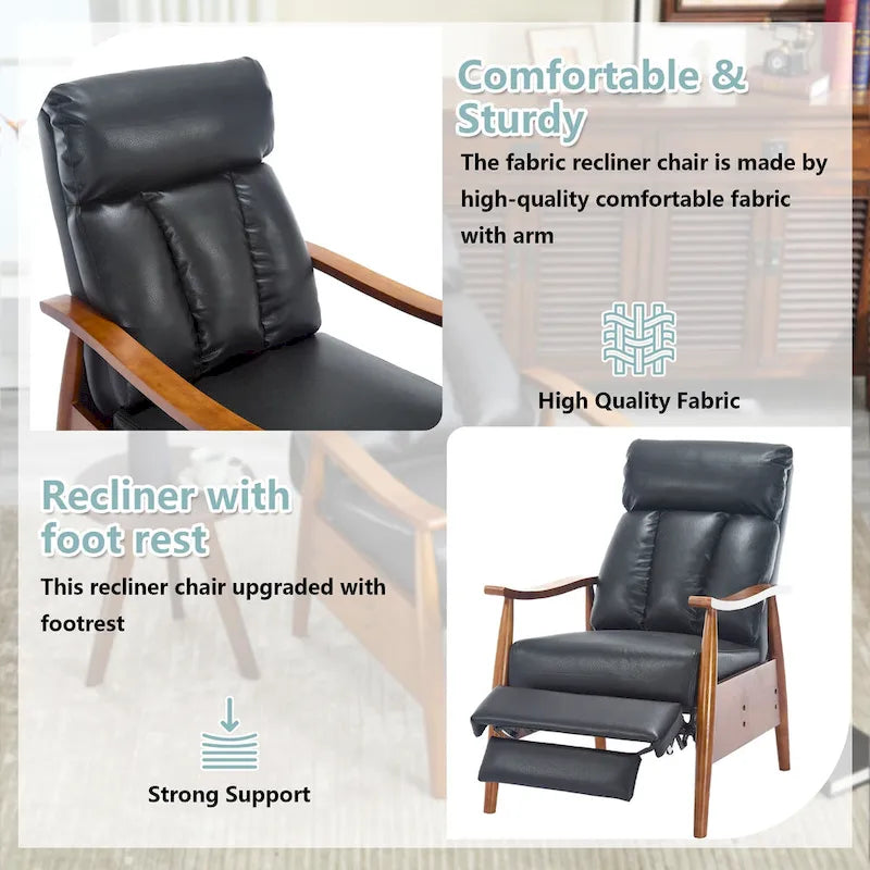 Fauteuil inclinable réglable avec cadre en bois, rembourré en lin/cuir/micro-suède