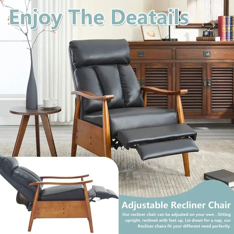 Fauteuil inclinable réglable avec cadre en bois, rembourré en lin/cuir/micro-suède