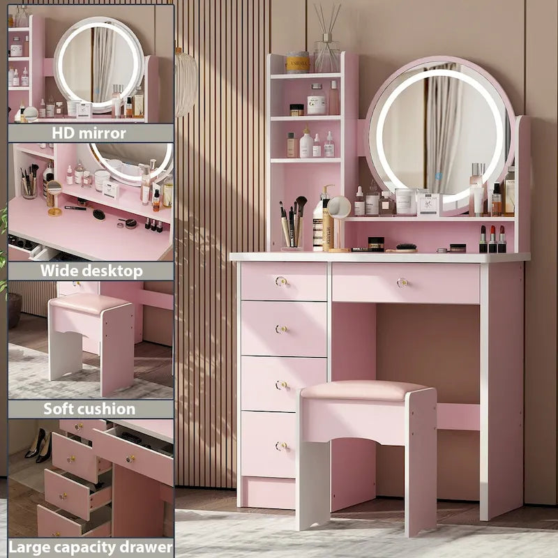 Coiffeuse 31,5 W avec tabouret et miroir lumineux LED