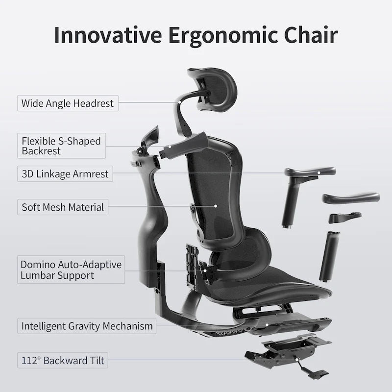 Chaise de Bureau Ergonomique, Support Lombaire Auto-Adaptatif et Accoudoirs à Liaison 3D, Noir - 78*70*125