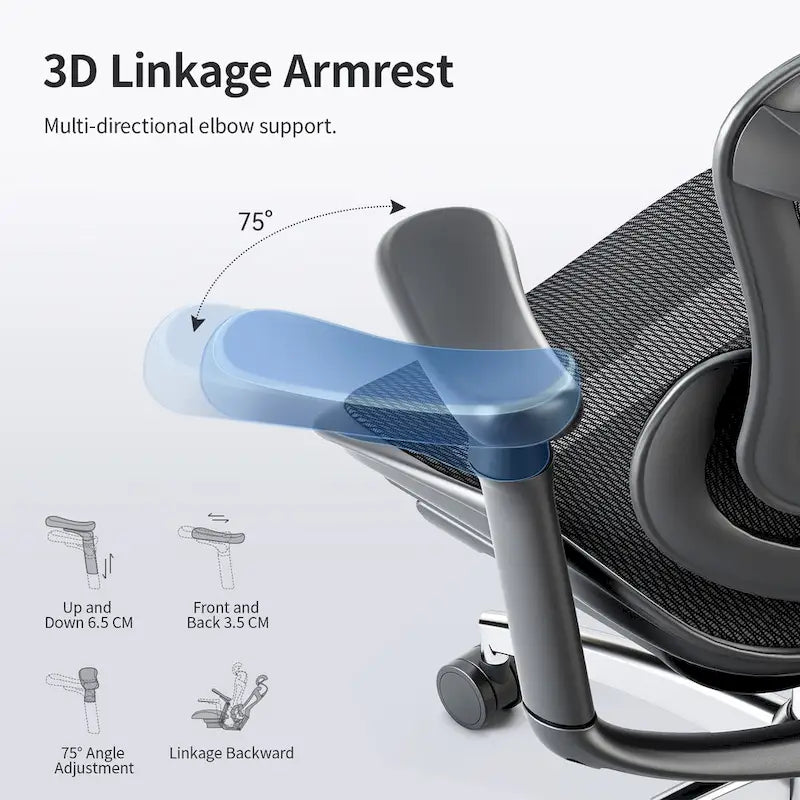 Chaise de Bureau Ergonomique, Support Lombaire Auto-Adaptatif et Accoudoirs à Liaison 3D, Noir - 78*70*125