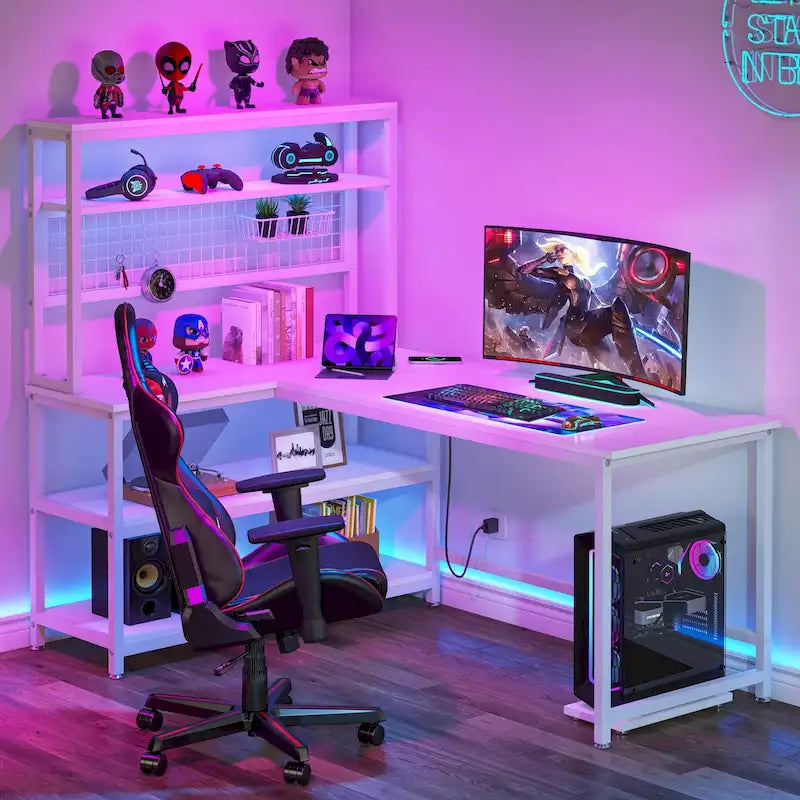 Bureau d'angle en L réversible avec chargeur sans fil et 9 étagères de rangement pour bureau à domicile