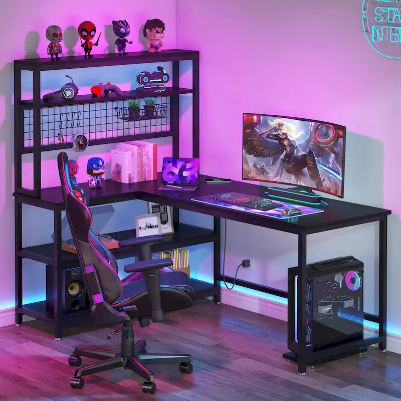 Bureau d'angle en L réversible avec chargeur sans fil et 9 étagères de rangement pour bureau à domicile