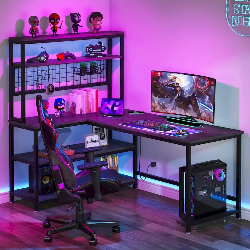 Bureau d'angle en L réversible avec chargeur sans fil et 9 étagères de rangement pour bureau à domicile