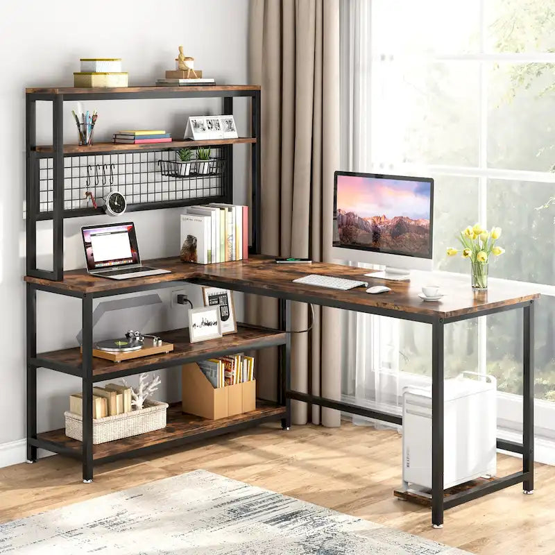 Bureau d'angle en L réversible avec chargeur sans fil et 9 étagères de rangement pour bureau à domicile
