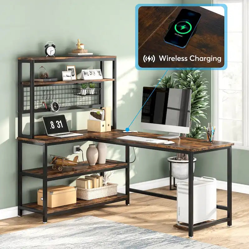 Bureau d'angle en L réversible avec chargeur sans fil et 9 étagères de rangement pour bureau à domicile