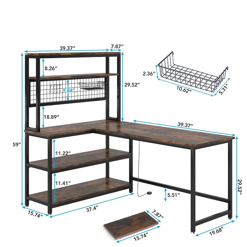 Bureau d'angle en L réversible avec chargeur sans fil et 9 étagères de rangement pour bureau à domicile
