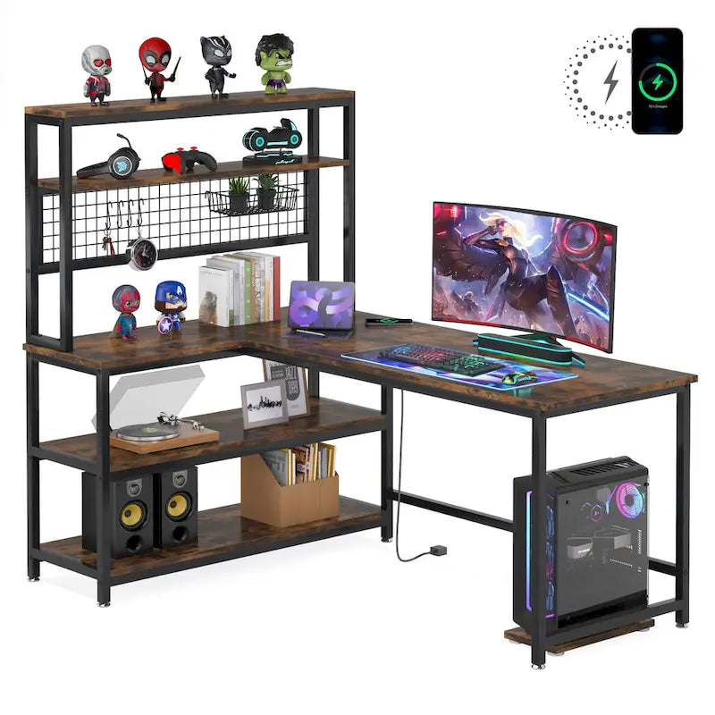 Bureau d'angle en L réversible avec chargeur sans fil et 9 étagères de rangement pour bureau à domicile