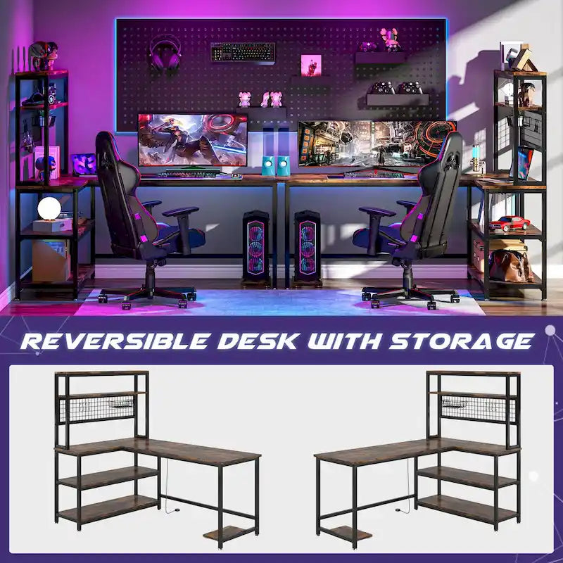 Bureau d'angle en L réversible avec chargeur sans fil et 9 étagères de rangement pour bureau à domicile