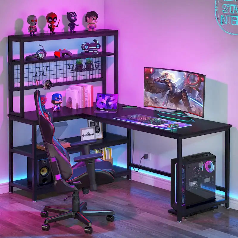 Bureau d'angle en L réversible avec chargeur sans fil et 9 étagères de rangement pour bureau à domicile