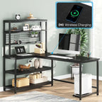 Bureau d'angle en L réversible avec chargeur sans fil et 9 étagères de rangement pour bureau à domicile