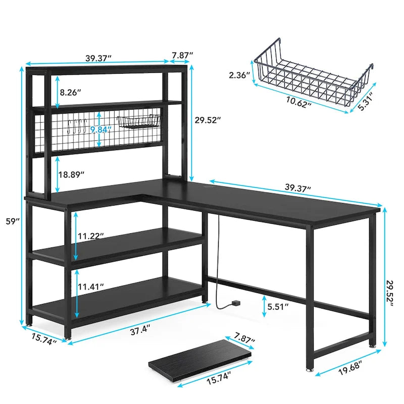 Bureau d'angle en L réversible avec chargeur sans fil et 9 étagères de rangement pour bureau à domicile
