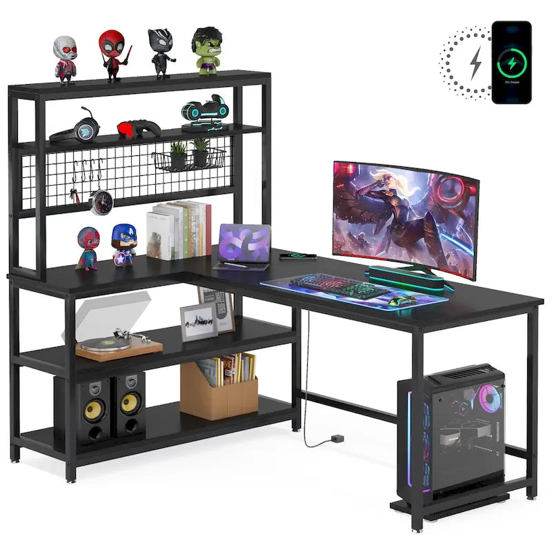 Bureau d'angle en L réversible avec chargeur sans fil et 9 étagères de rangement pour bureau à domicile