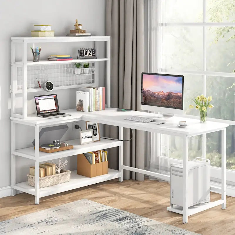 Bureau d'angle en L réversible avec chargeur sans fil et 9 étagères de rangement pour bureau à domicile