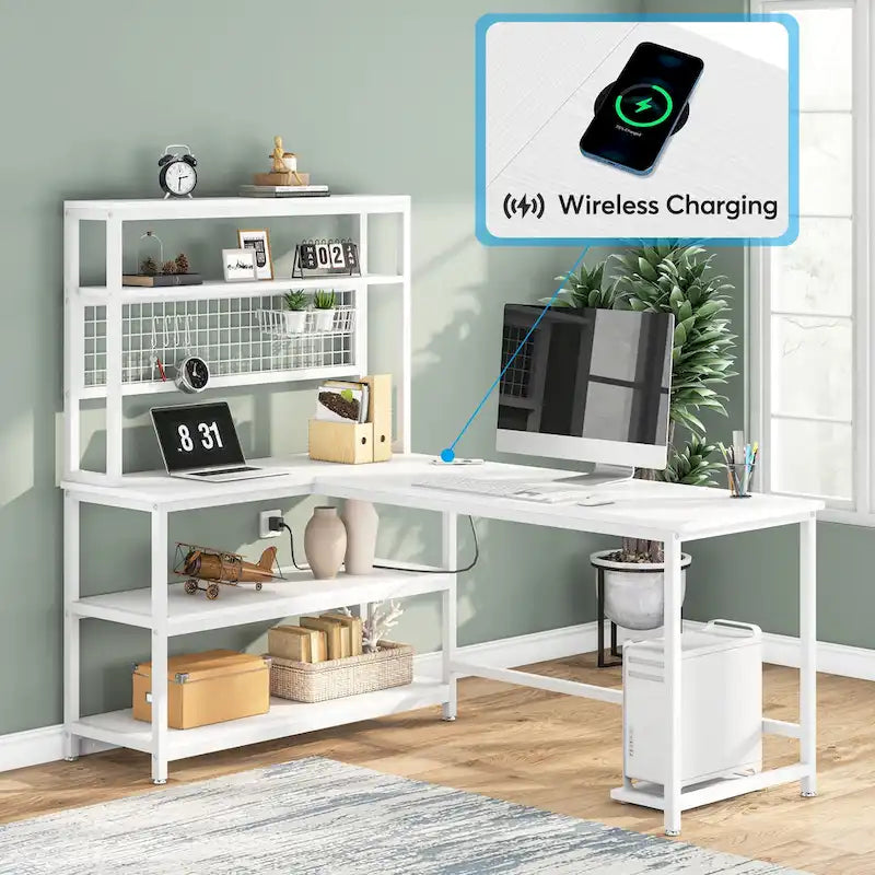 Bureau d'angle en L réversible avec chargeur sans fil et 9 étagères de rangement pour bureau à domicile