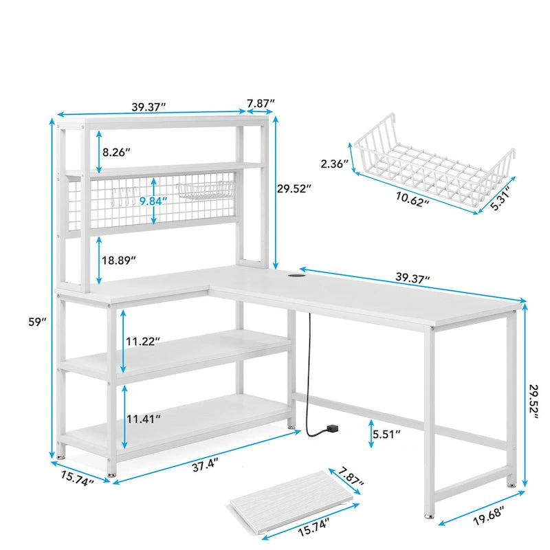 Bureau d'angle en L réversible avec chargeur sans fil et 9 étagères de rangement pour bureau à domicile