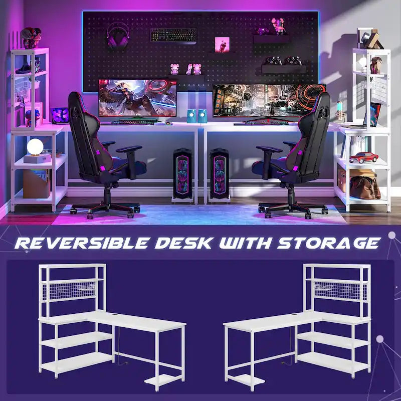 Bureau d'angle en L réversible avec chargeur sans fil et 9 étagères de rangement pour bureau à domicile