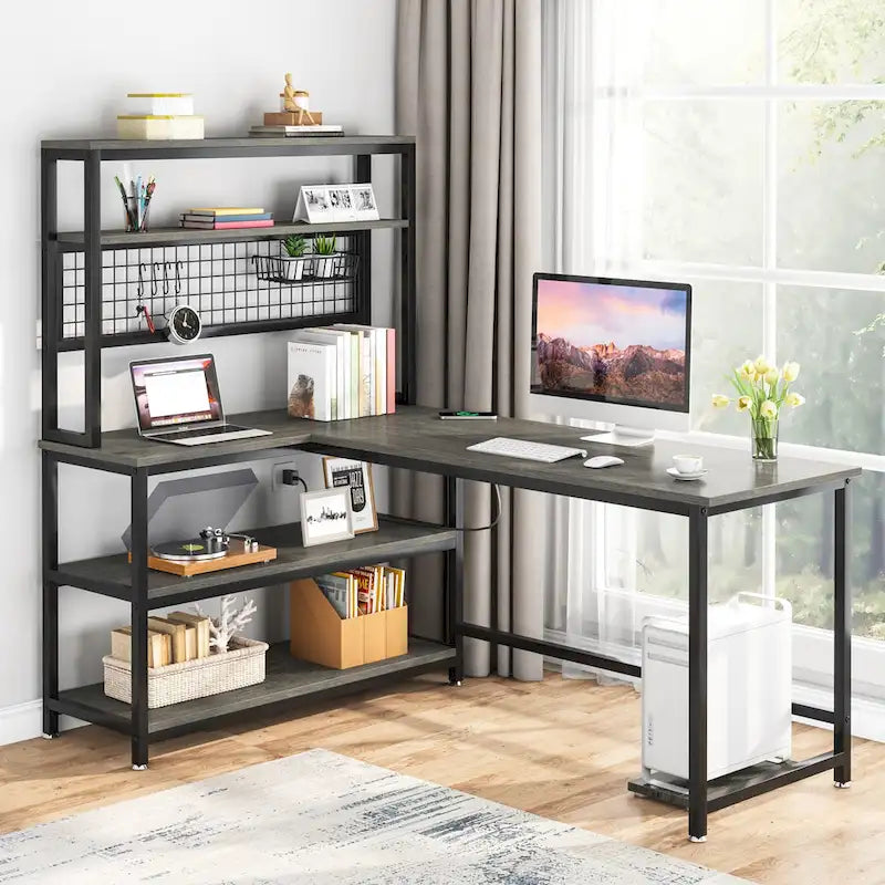 Bureau d'angle en L réversible avec chargeur sans fil et 9 étagères de rangement pour bureau à domicile