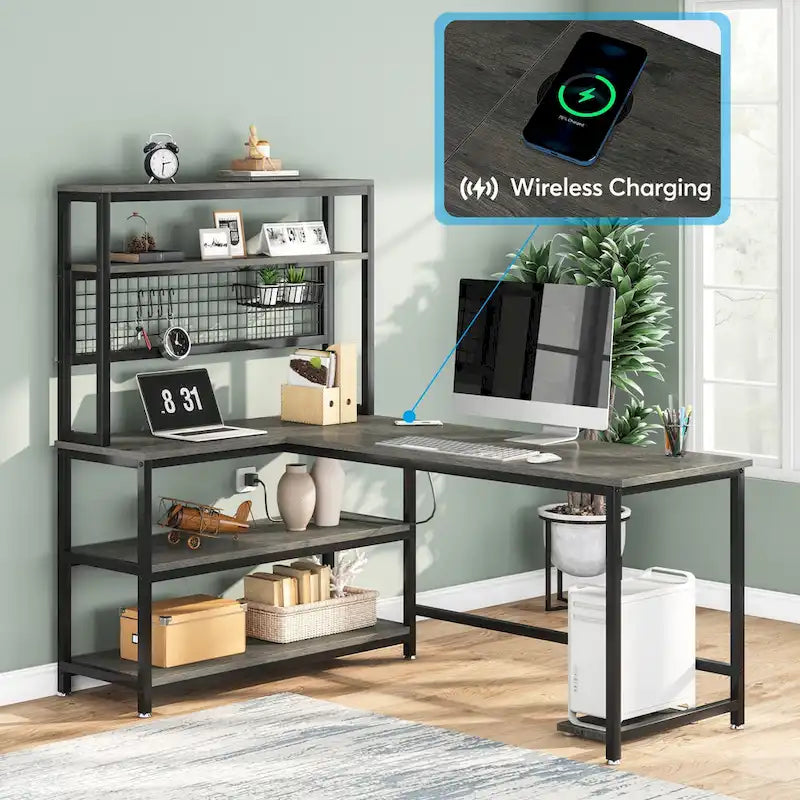 Bureau d'angle en L réversible avec chargeur sans fil et 9 étagères de rangement pour bureau à domicile
