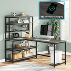 Bureau d'angle en L réversible avec chargeur sans fil et 9 étagères de rangement pour bureau à domicile