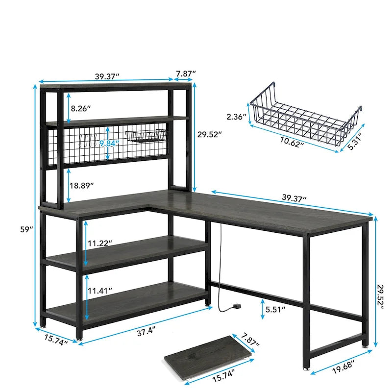 Bureau d'angle en L réversible avec chargeur sans fil et 9 étagères de rangement pour bureau à domicile