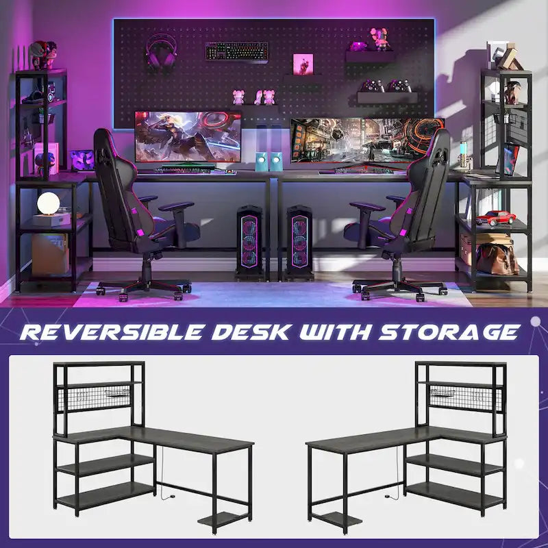 Bureau d'angle en L réversible avec chargeur sans fil et 9 étagères de rangement pour bureau à domicile