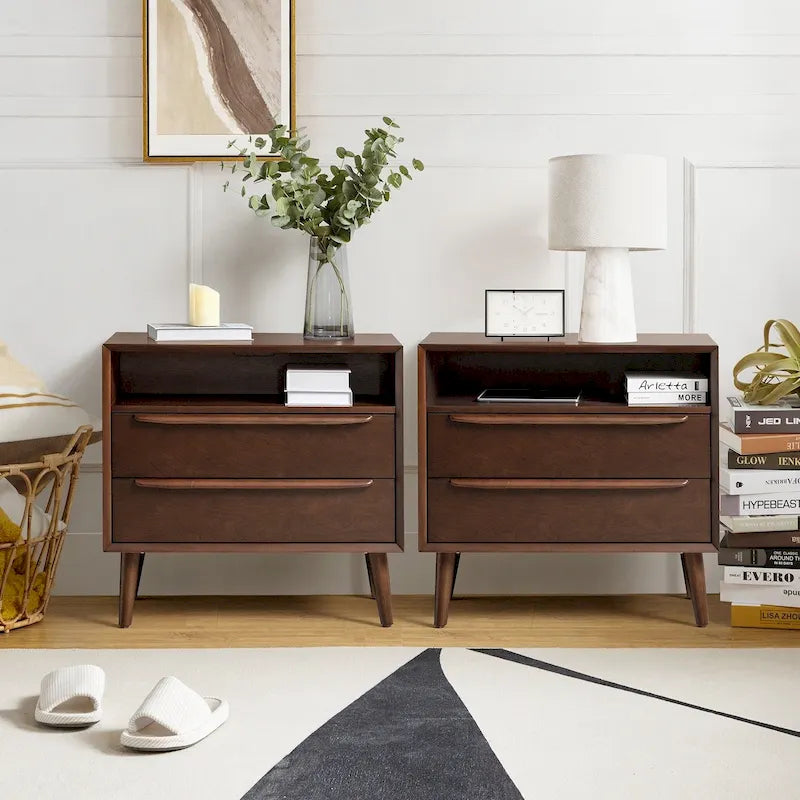 Kay Table de chevet moderne du milieu du siècle à 2 tiroirs avec prises intégrées et port USB, ensemble de 2 par