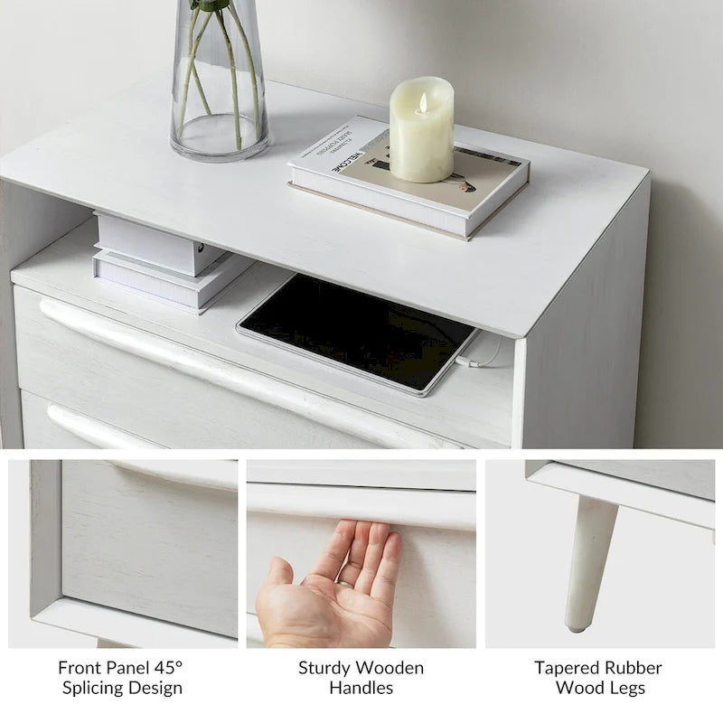 Kay Table de chevet moderne du milieu du siècle à 2 tiroirs avec prises intégrées et port USB, ensemble de 2 par