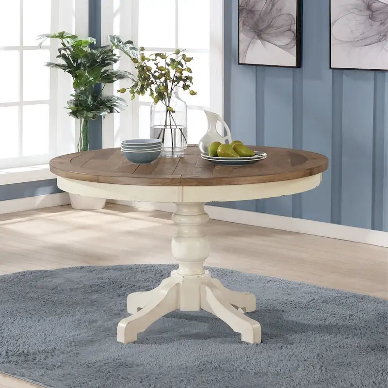  Prato Round Antique White and Distressed Oak Two-tone Finish Wood Dining Table