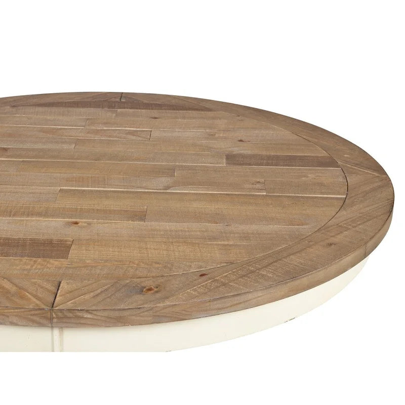Table à manger ronde en bois, bicolore blanc antique et chêne vieilli