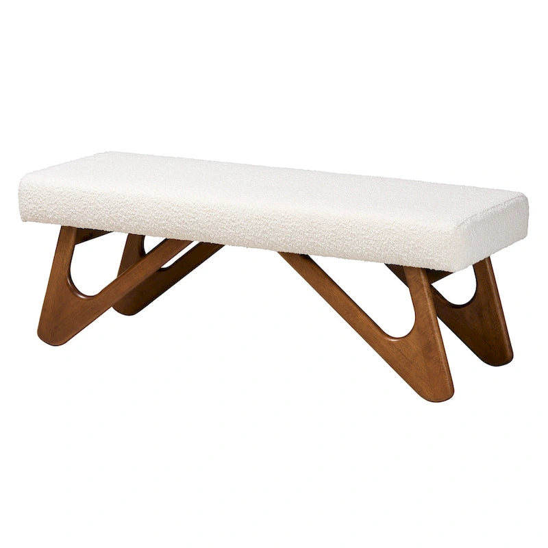 Banc Rika Japandi en tissu bouclé crème et bois de noyer marron