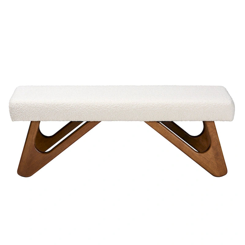 Banc Rika Japandi en tissu bouclé crème et bois de noyer marron