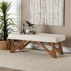Banc Rika Japandi en tissu bouclé crème et bois de noyer marron