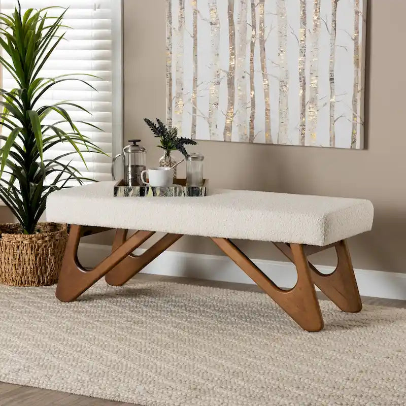 Banc Rika Japandi en tissu bouclé crème et bois de noyer marron