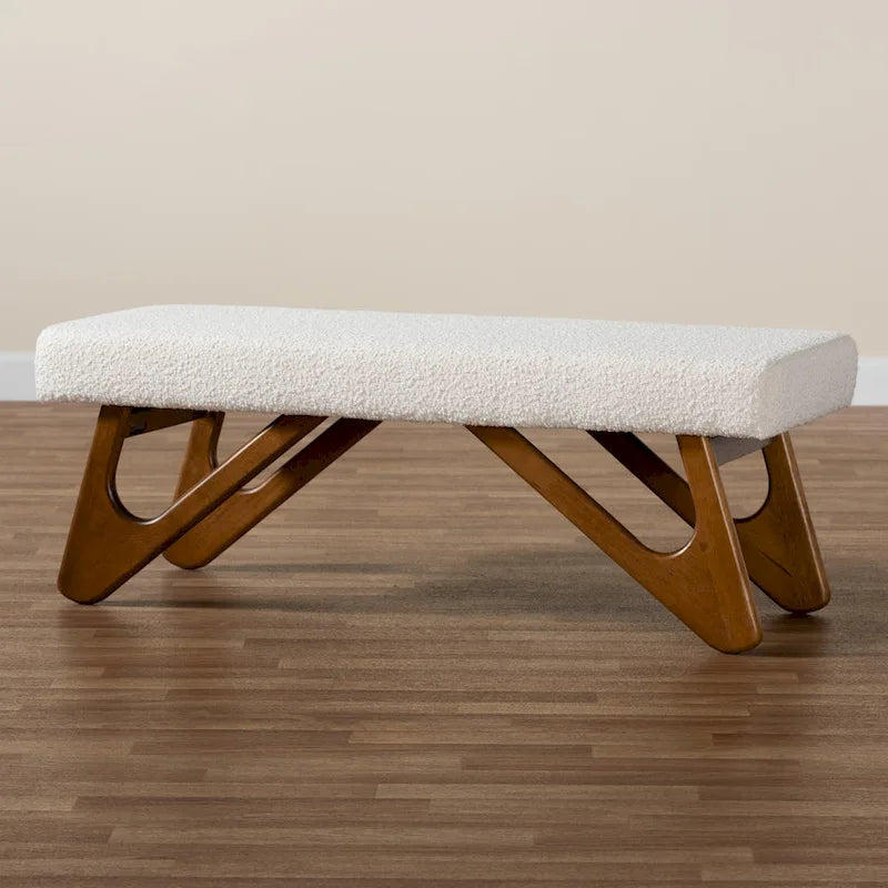 Banc Rika Japandi en tissu bouclé crème et bois de noyer marron